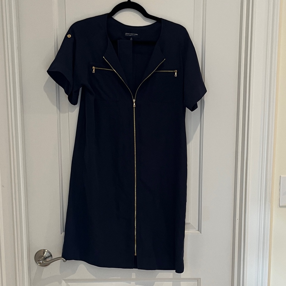 Jones New York Signature Petite Navy Shift Dress w/ Gold Zipper Detail